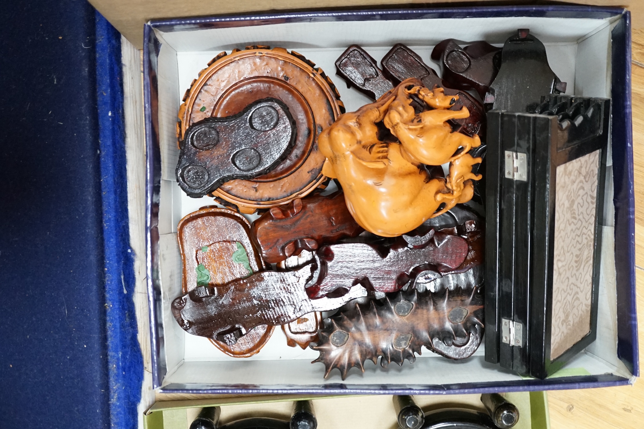 Assorted Chinese carvings, including enamel model bonsai trees, miniature ceramic folding screen, carved elephants, hardwood stands, and nephrite jade and green stone carved dragons, and horses, etc. Condition - varies
